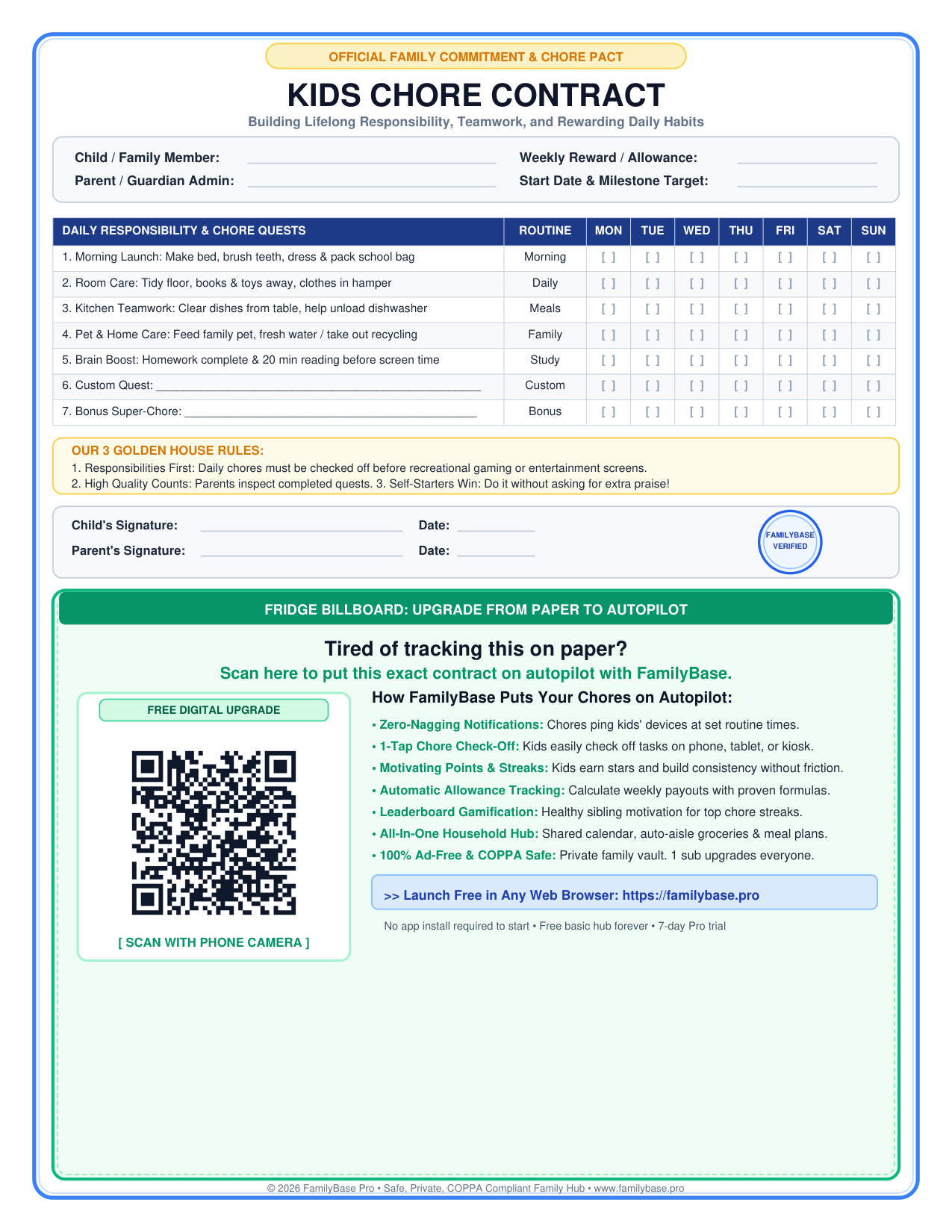 FamilyBase Official Kids Chore Contract Printable with Daily Responsibilities and Autopilot QR Code